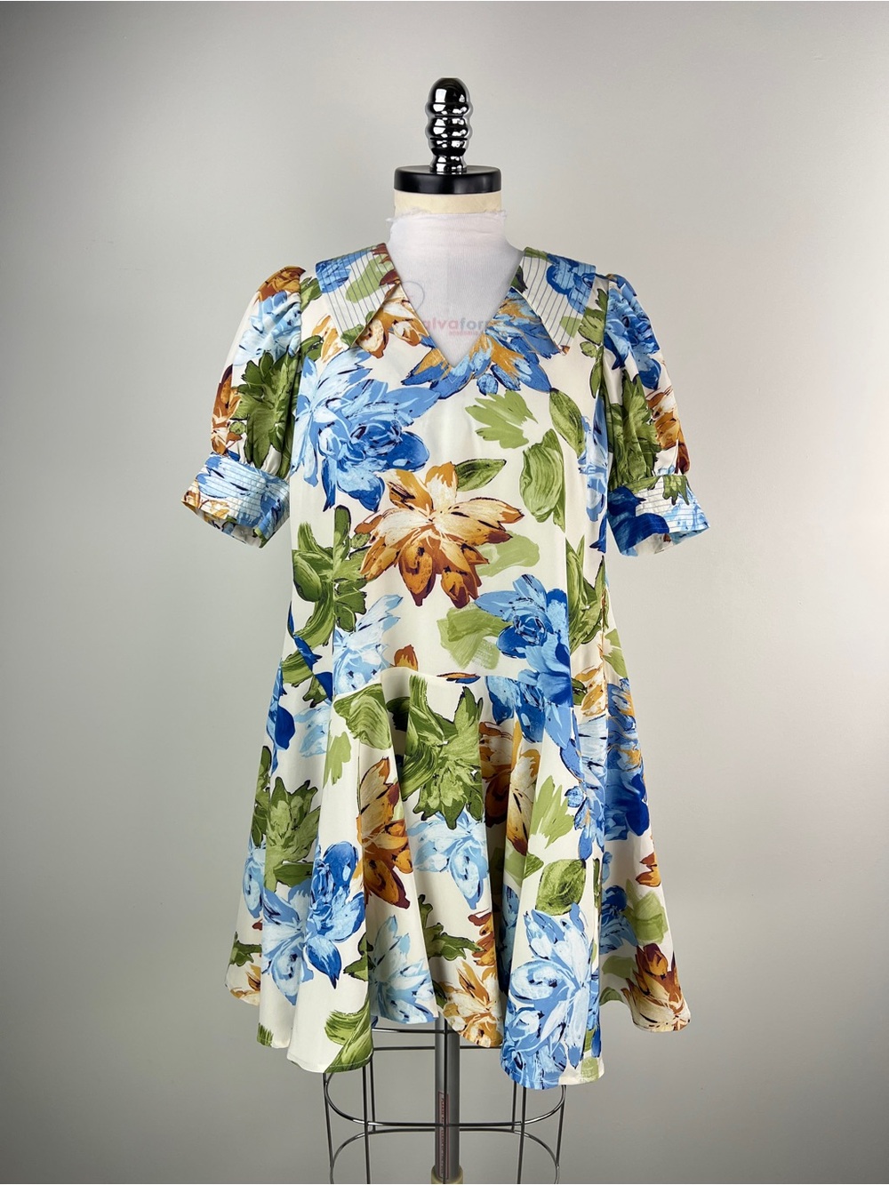 💚 3715. Floral V-Neck Swing Dress in Blue & Green